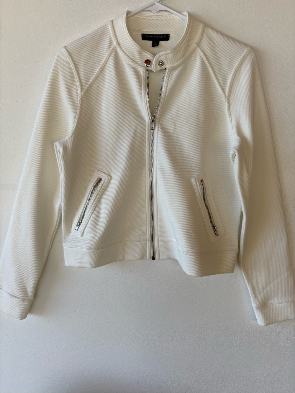 Banana Republic White Textured Zip-Front Bomber Jacket